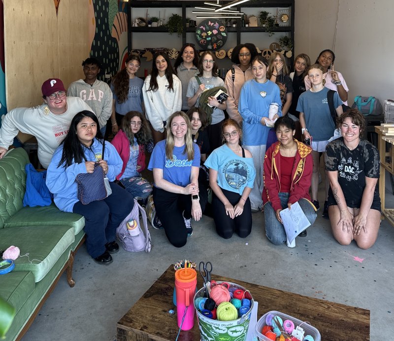 Beacon Middle School representatives and Artist Rising program members gathered at the Creative Market in Rehoboth are in back (l-r) Beacon teacher Elizabeth Hahn, Robyn Anadu, Cash Parker, Jaylee Costello and Lia Ruffin; middle row Artist Rising Strategic Operations Manager Kathryn Poole, Saeranity Truitt-Pitts, Simone Bodis, Marisol Muzzin-Marquez, Elke Brockway, Ann Hamilton and Jordynn Chambers. In front are Celeste Licuanan, Yeardley Allen, Lauren Heiges, Piper Cherico, Mackenzie Mears, Erica Hippolyte and Artpothecary Manager Ashley Woolsey.